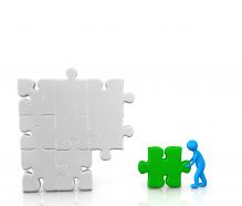 0914 3d man fixing green puzzle piece for solution stock photo