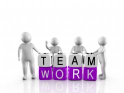 0914 3d people standing with cubes of teamwork stock photo