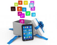 0914 application icons and smart phone with gift box stock photo