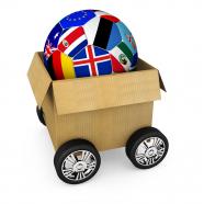 0914 ball with various flag icons moving in box stock photo