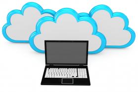 0914 black laptop with blue clouds for cloud computing stock photo