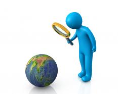 0914 blue 3d man with magnifier earth globe image graphic stock photo