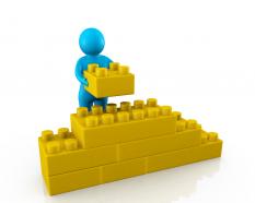 0914 blue 3d men yellow blocks wall puzzle toy image graphic stock photo