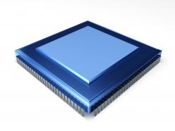 0914 blue electronic chip on white background stock photo