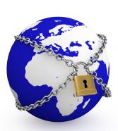 0914 blue globe model locked with chains for global security stock photo