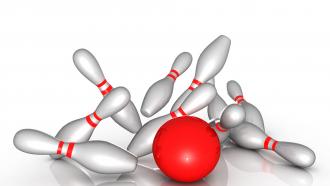 0914 bowling ball knocking the pins down strategy image stock photo