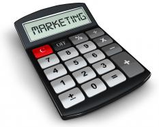 0914 calculator with marketing on display on white background stock photo