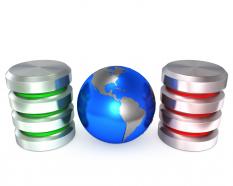 0914 database icons with earth globe in center stock photo