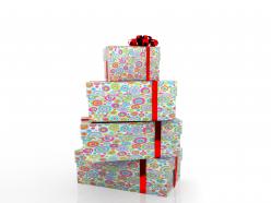 0914 heap of gifts of dots colored design red ribbon graphic stock photo