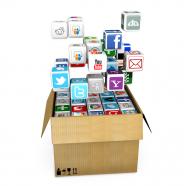 0914 icons of mobile applications coming out of box for internet stock photo