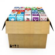 0914 icons of mobile applications in carton box for wireless communication stock photo