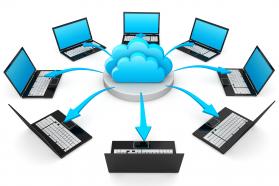 0914 laptop computers connected through cloud computing stock photo
