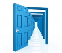 0914 many open blue doors on white background image graphic stock photo