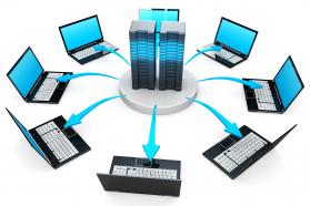 0914 network of laptop computers for centralize functions stock photo