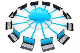 0914 network of laptops connected around cloud for cloud computing stock photo