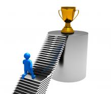 0914 reaching the top 3d man staircase trophy image graphic stock photo