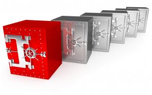 0914 red unique safe standing ahead in steel safes stock photo