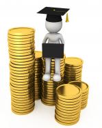 1114 3d business man sitting on stack of coins stock photo