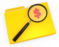 1114 3d folder with dollar symbol and magnifying glass stock photo