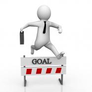 1114 3d man jumping on goal hurdle for success stock photo