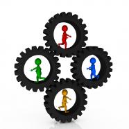 1114 black gears and 3d men inside it for process control stock photo