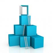 1114 blue cubes with ladder and door stock photo