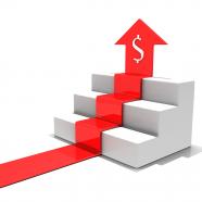 1114 red arrow on stairs with dollar growth stock photo
