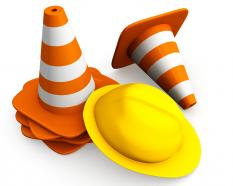 1114 traffic cones and yellow helmet for safety stock photo