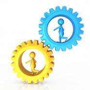 1114 two gears and 3d men inside process control stock photo
