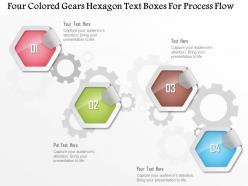 1214 four colored gears hexagon text boxes for process flow powerpoint template