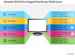 1214 monitor with five staged text boxes with icons powerpoint template