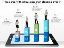 1214 three step with 3d business man standing over it powerpoint slide