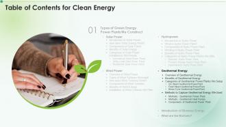 156 Table Of Contents For Clean Energy Ppt Powerpoint Presentation Icon Clipart