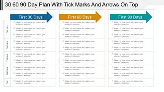 30 60 90 day plan with tick marks and arrows on top powerpoint ideas