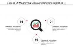 3 steps of magnifying glass and showing statistics performance icon