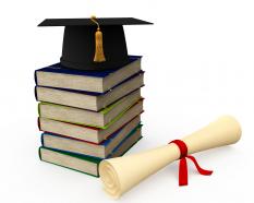 3d books graphic with graduation cap and degree stock photo