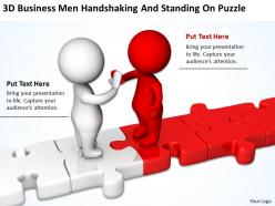 3d business men handshaking and standing on puzzle ppt graphics icons