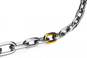 3d chain with one golden link stock photo