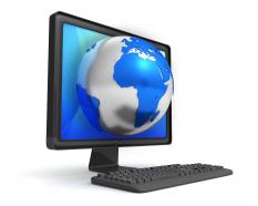 3d desktop with globe stock photo