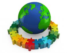 3d globe inside the rounded puzzle business stock photo