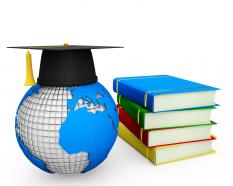3d globe with graduation cap and books stock photo