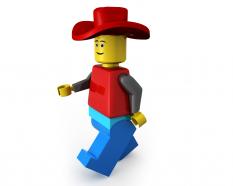 3d graphic of lego man wearing red hat stock photo