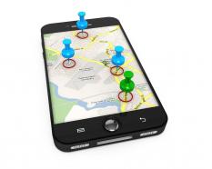 3d graphic of map on mobile with clipart pins stock photo