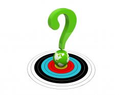 3d graphic of question mark on globe residing on dartboard stock photo