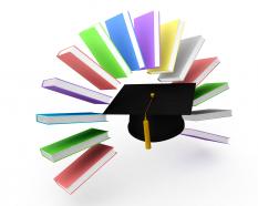 3d graphic of text books encircling graduation cap stock photo