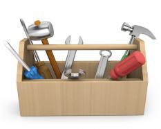 3d graphic of tools with box stock photo