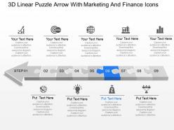 3d linear puzzle arrow with marketing and finance icons powerpoint template slide