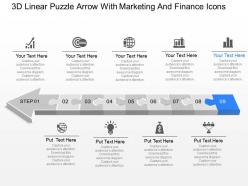 3d linear puzzle arrow with marketing and finance icons powerpoint template slide
