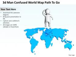 3d man confused world map path to go ppt graphic icon
