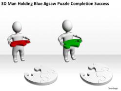 3d man holding blue jigsaw puzzle completion success ppt graphics icons
